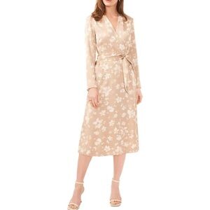 Halogen Satin Cream Floral Midi Faux Wrap Dress